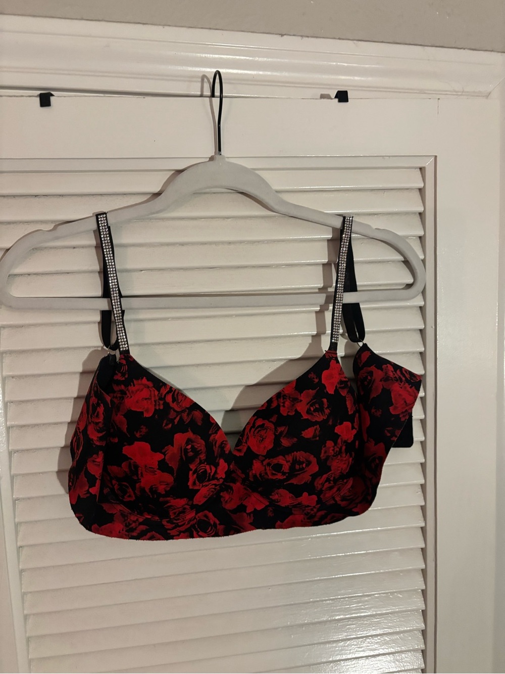 XOXO Black Bra with Red Rose Print and Rhinestone Straps